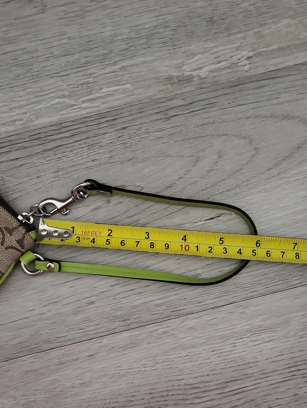Coach Signature Wristlet Lime Green Trim Khaki Jacquard Wrist Strap Mini Pouch